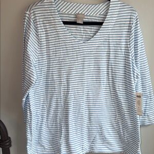 Chico's V neck White Blue Cotton Modal Striped 3/4 Sleeve Top size 2 / Large